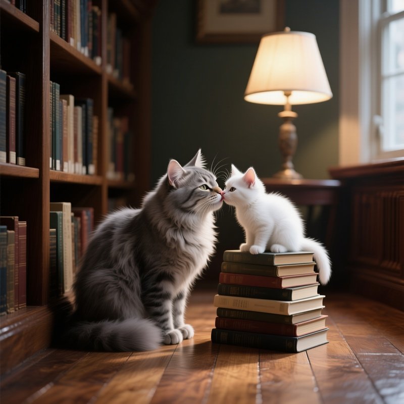 In A Quiet Library Reading Nook, A Fluffy Gray Cat Kisses A White Kitten Perched On A Stack Of