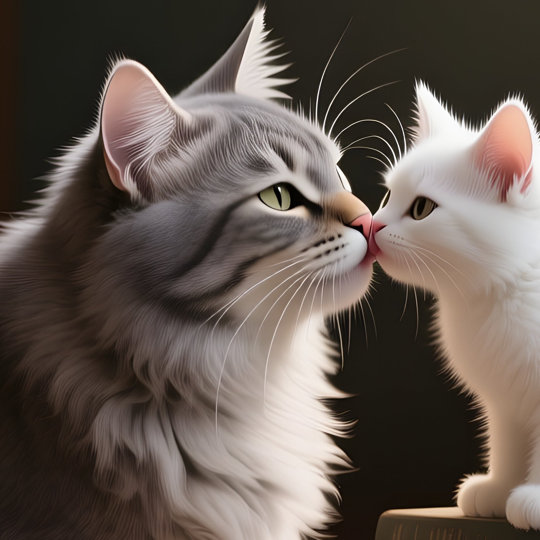 In A Quiet Library Reading Nook, A Fluffy Gray Cat Kisses A White Kitten Perched On A Stack Of - Full Resolution Quality Preview