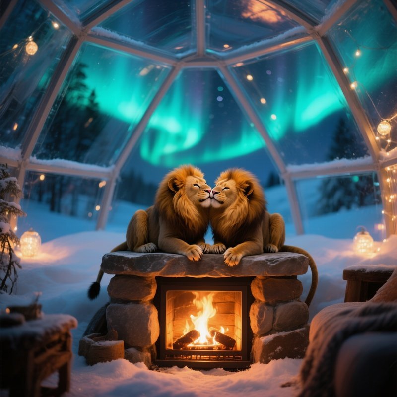 In A Quiet Winter Evening Inside A Glass Igloo, Two Golden Lion Tamarins Cuddle On A Warm Stone
