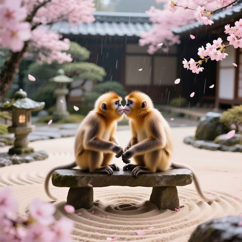 In A Serene Zen Garden With Raked Sand Patterns, Two Golden Snub‑Nosed Monkeys Sit On A Stone Bench