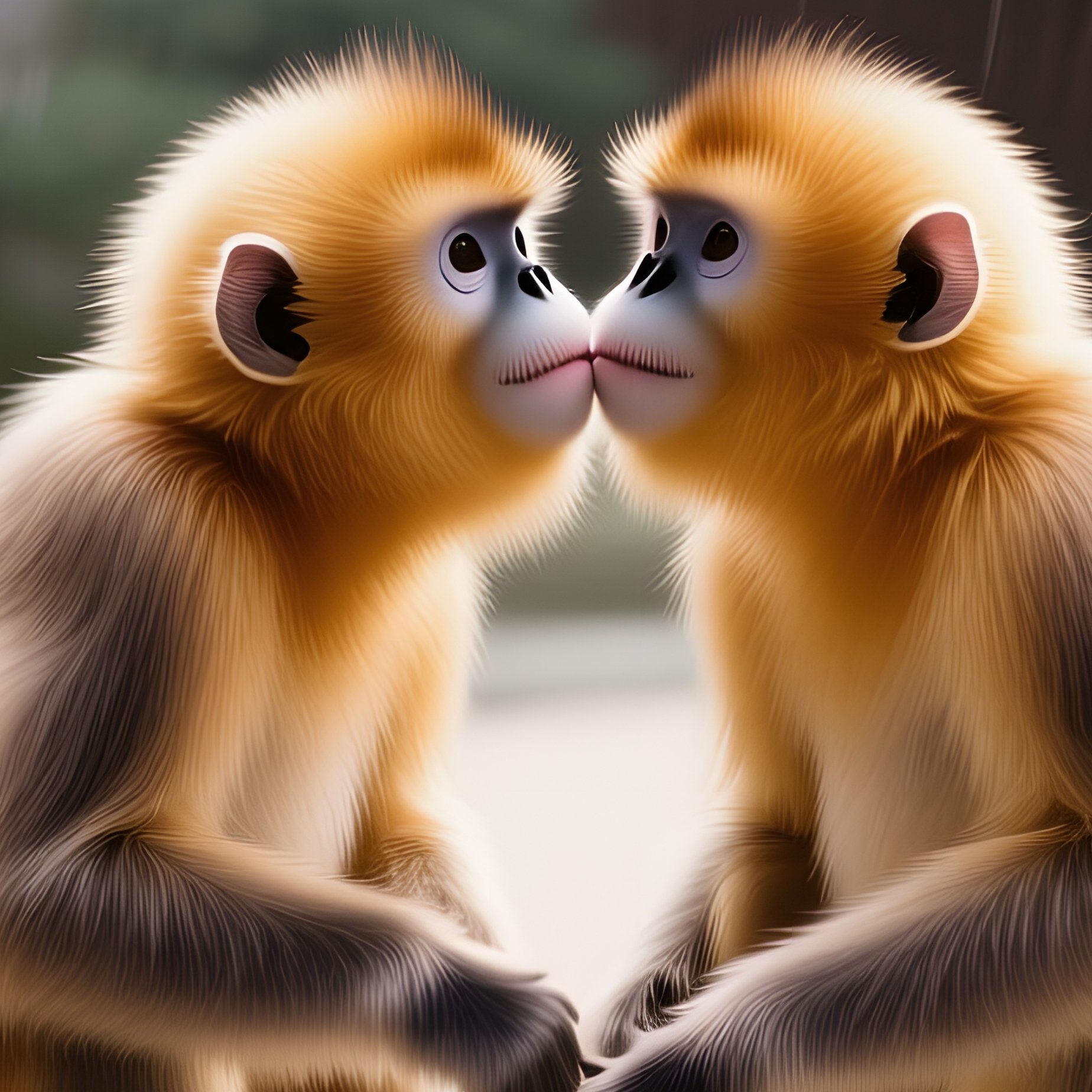 In A Serene Zen Garden With Raked Sand Patterns, Two Golden Snub‑Nosed Monkeys Sit On A Stone Bench - Full Resolution Quality Preview