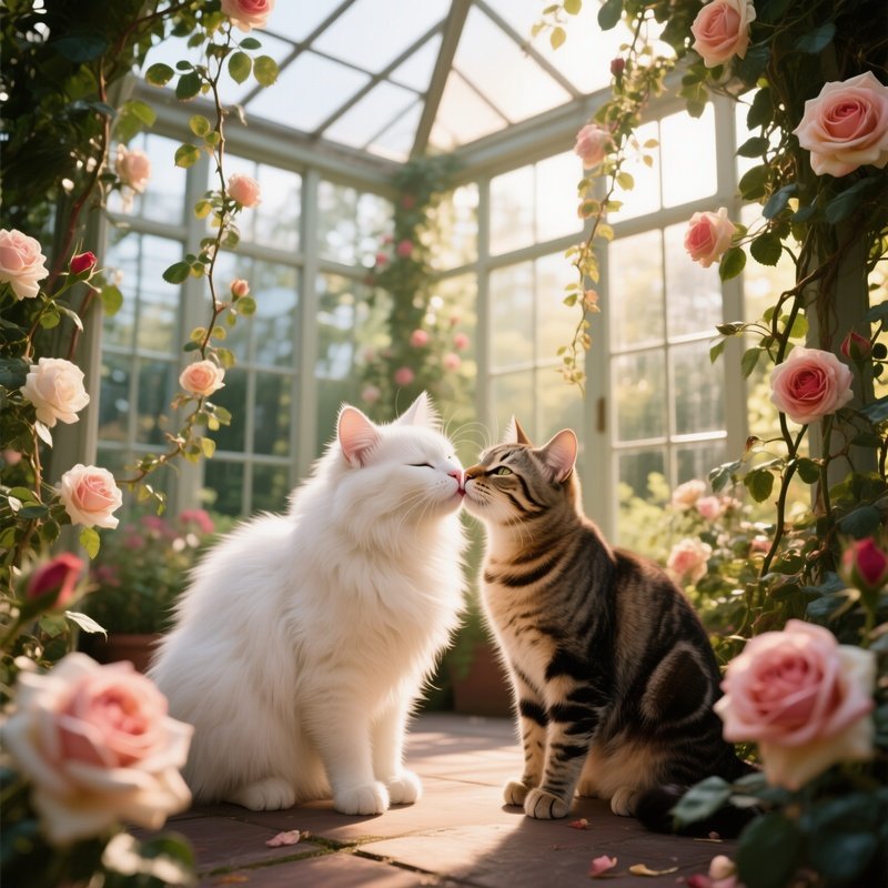 In A Sunlit Greenhouse Conservatory, A Fluffy White Cat Kisses A Tabby Cat Among Cascading Vines