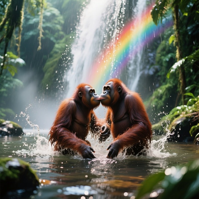 In A Vibrant Rainforest Waterfall Pool At Midday, Two Orangutans Splash Playfully Before Pausing To