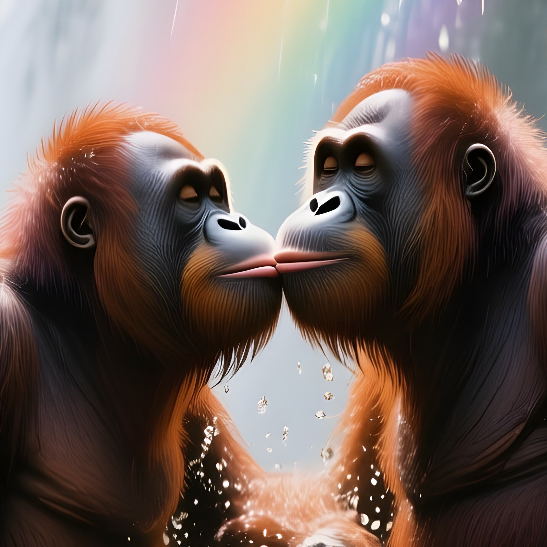 In A Vibrant Rainforest Waterfall Pool At Midday, Two Orangutans Splash Playfully Before Pausing To - Full Resolution Quality Preview