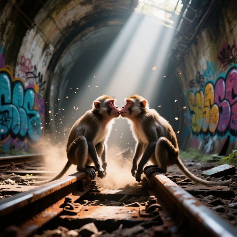 In An Abandoned Railway Tunnel Illuminated By Shafts Of Sunlight, Two Macaques Perch On Rusted