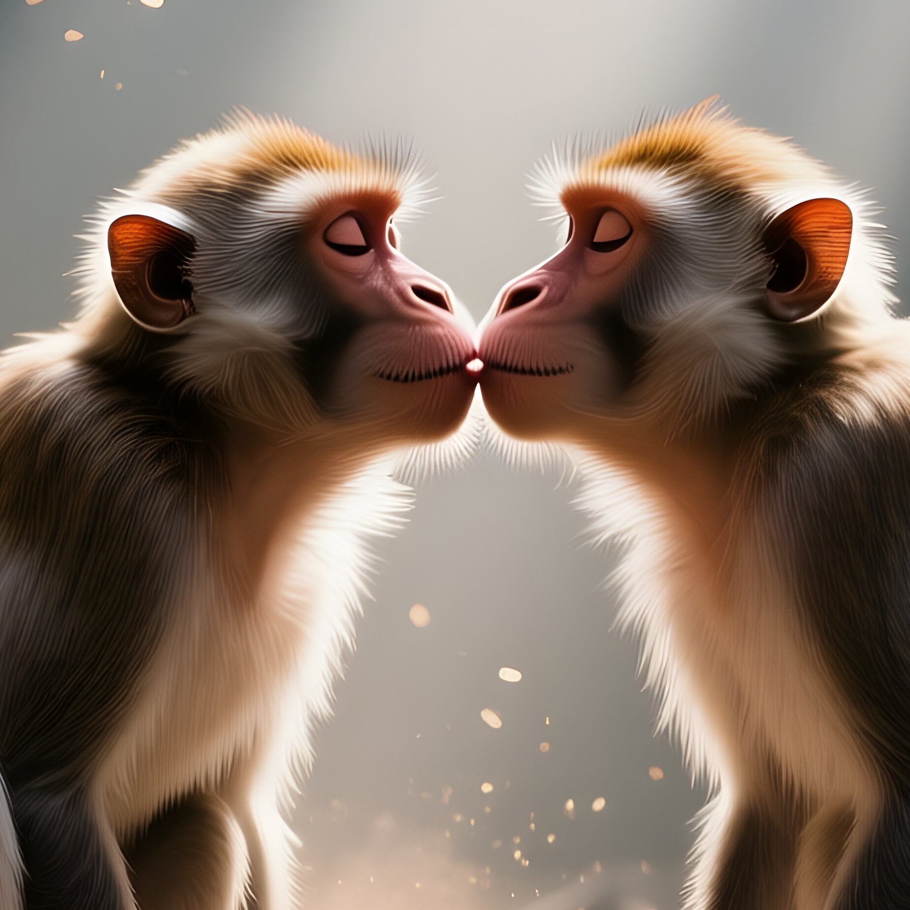 In An Abandoned Railway Tunnel Illuminated By Shafts Of Sunlight, Two Macaques Perch On Rusted - Full Resolution Quality Preview