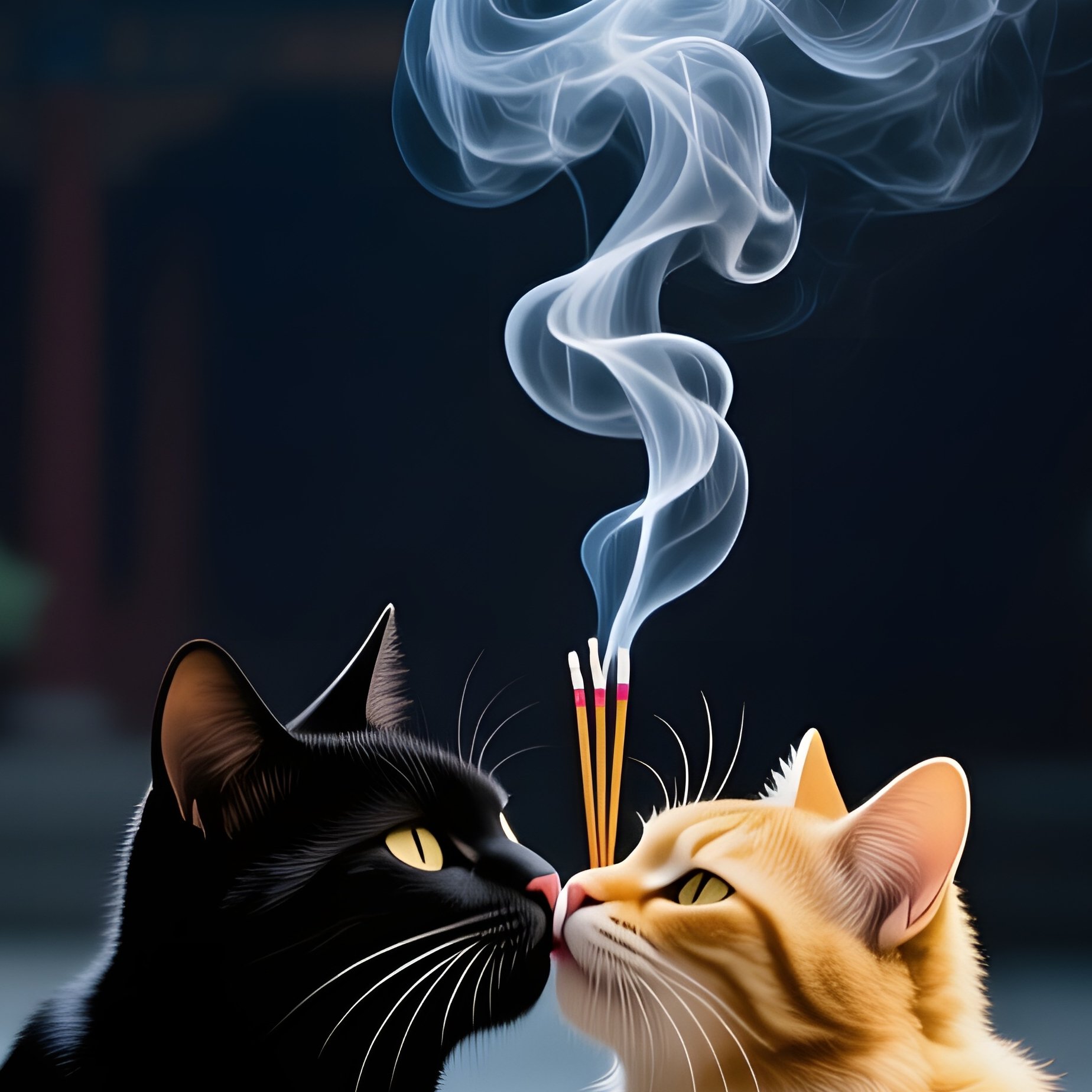 In An Ancient Temple Courtyard, A Sleek Black Cat Kisses A Golden Furred Cat Beside A Stone - Full Resolution Quality Preview