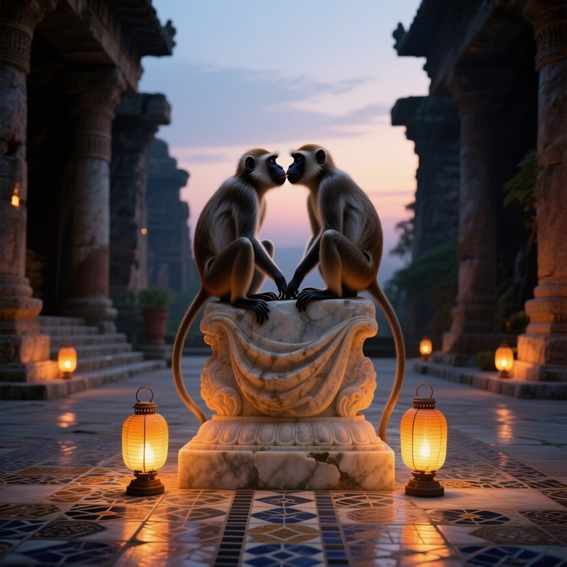 In An Ancient Temple Courtyard At Dusk, Two Long‑Tailed Macaques Lock Lips Atop A Weathered Marble