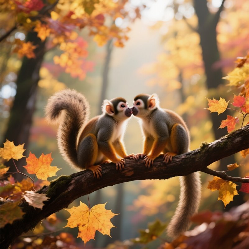 In An Early Autumn Forest With Leaves Turning Amber, Two Squirrel Monkeys Perch On A Low Branch Of