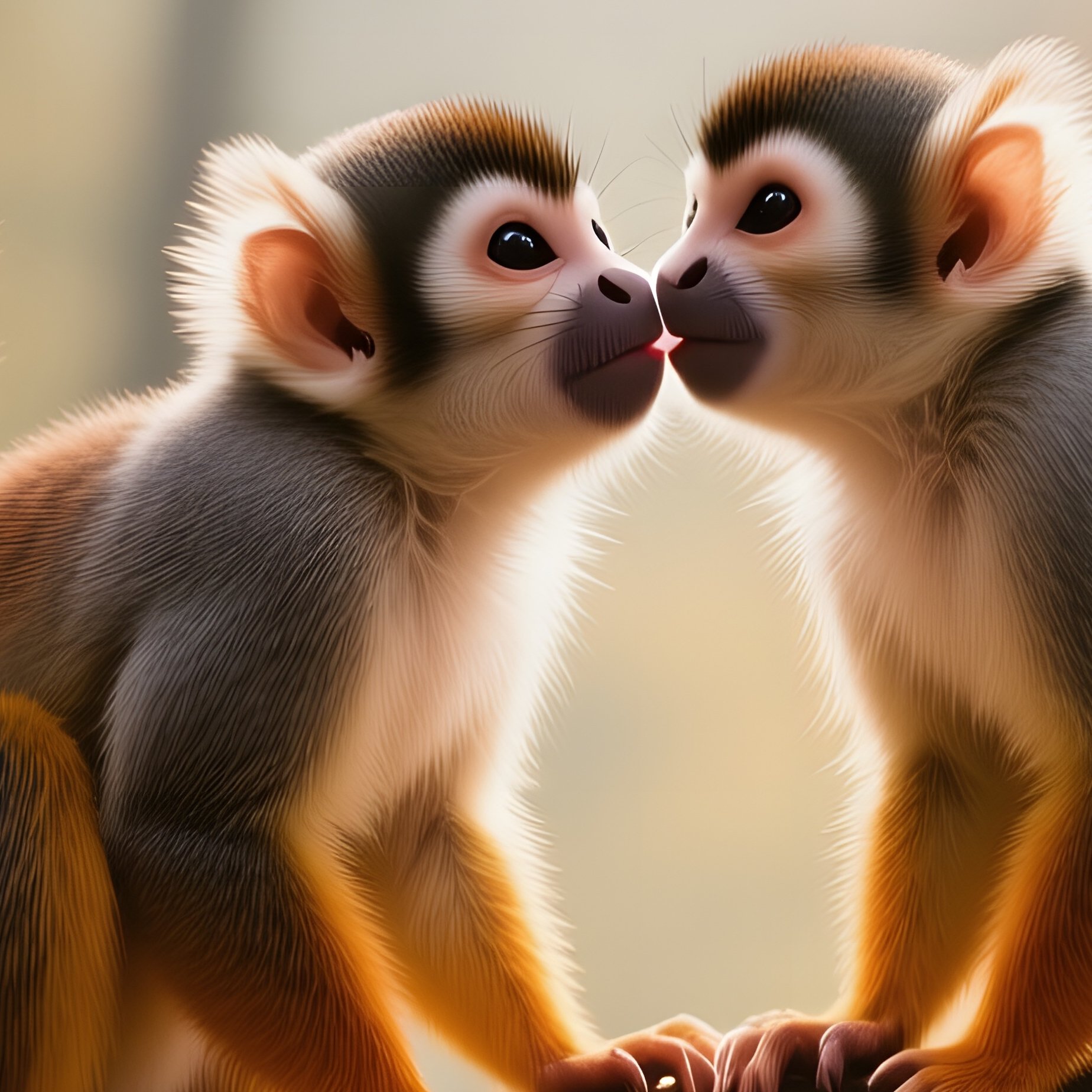 In An Early Autumn Forest With Leaves Turning Amber, Two Squirrel Monkeys Perch On A Low Branch Of - Full Resolution Quality Preview