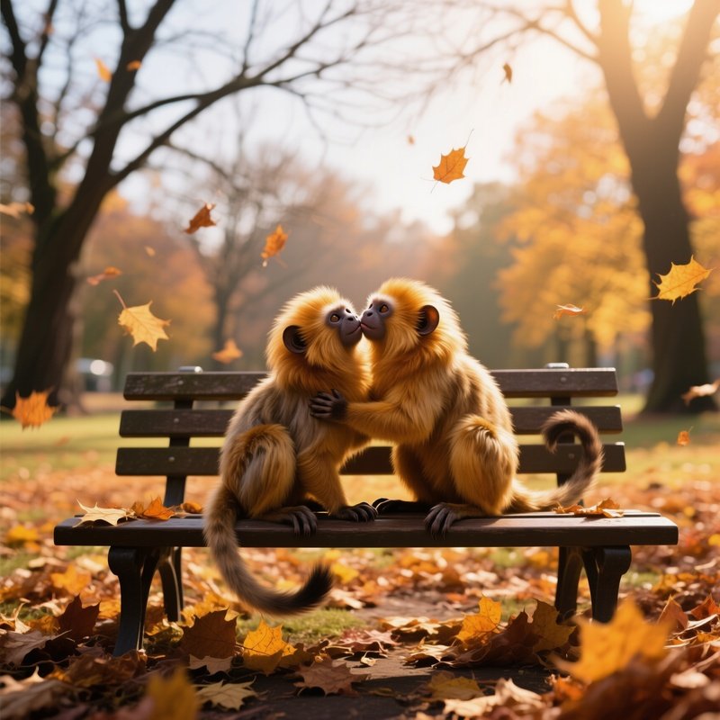 In An Early Autumn Park With Fallen Leaves Swirling, Two Golden Lion Tamarins Cuddle On A Bench And