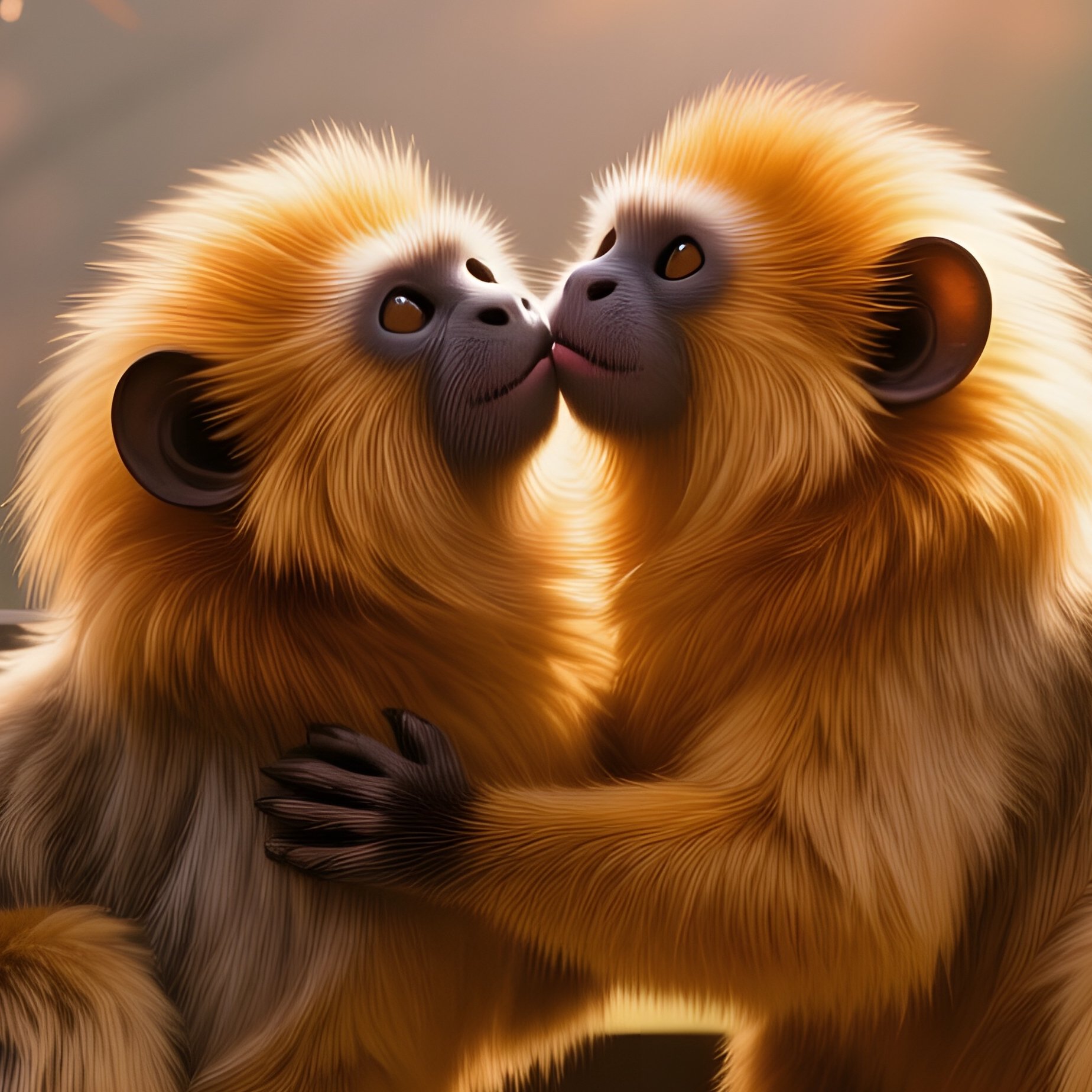 In An Early Autumn Park With Fallen Leaves Swirling, Two Golden Lion Tamarins Cuddle On A Bench And - Full Resolution Quality Preview