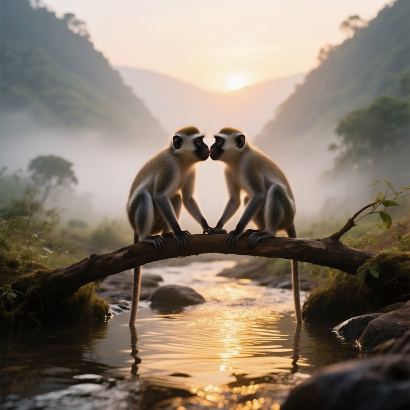 In An Early Morning Misty Valley, Two Vervet Monkeys Perch On A Low Branch Over A Crystal‑Clear