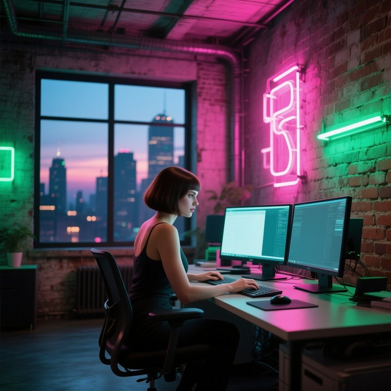 In An Industrial Loft Office, A Curvy Brunette With A Sleek Bob Works On A Dual‑Monitor Setup;