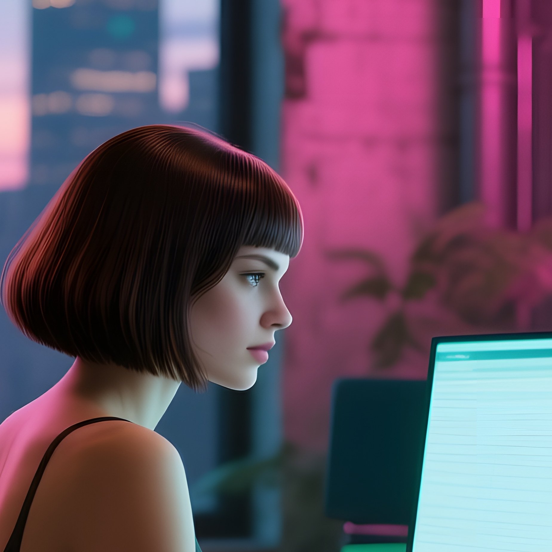 In An Industrial Loft Office, A Curvy Brunette With A Sleek Bob Works On A Dual‑Monitor Setup; - Full Resolution Quality Preview
