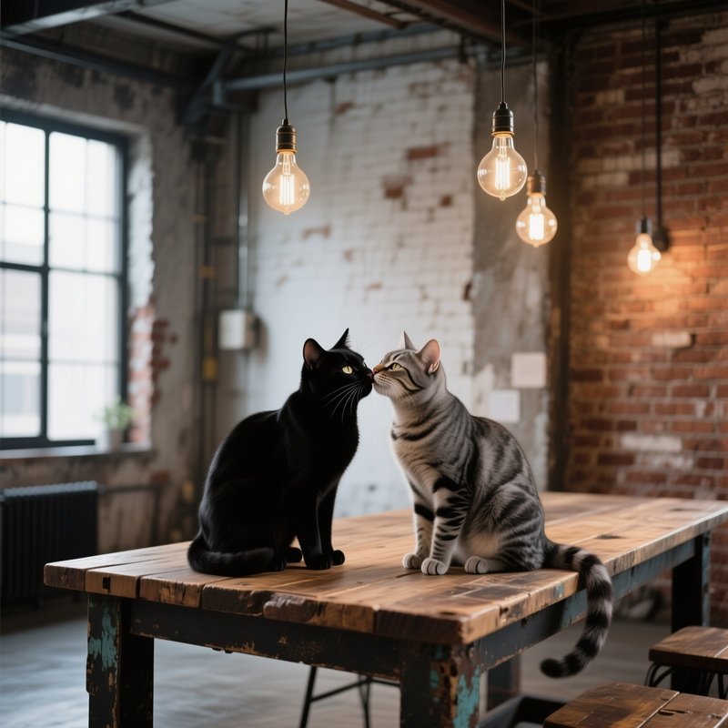 In An Industrial Loft With Exposed Brick Walls, A Black Cat Kisses A Gray Tabby On A Reclaimed