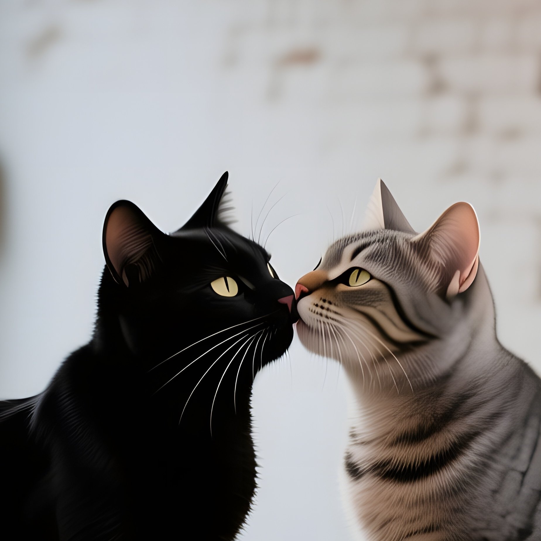 In An Industrial Loft With Exposed Brick Walls, A Black Cat Kisses A Gray Tabby On A Reclaimed - Full Resolution Quality Preview