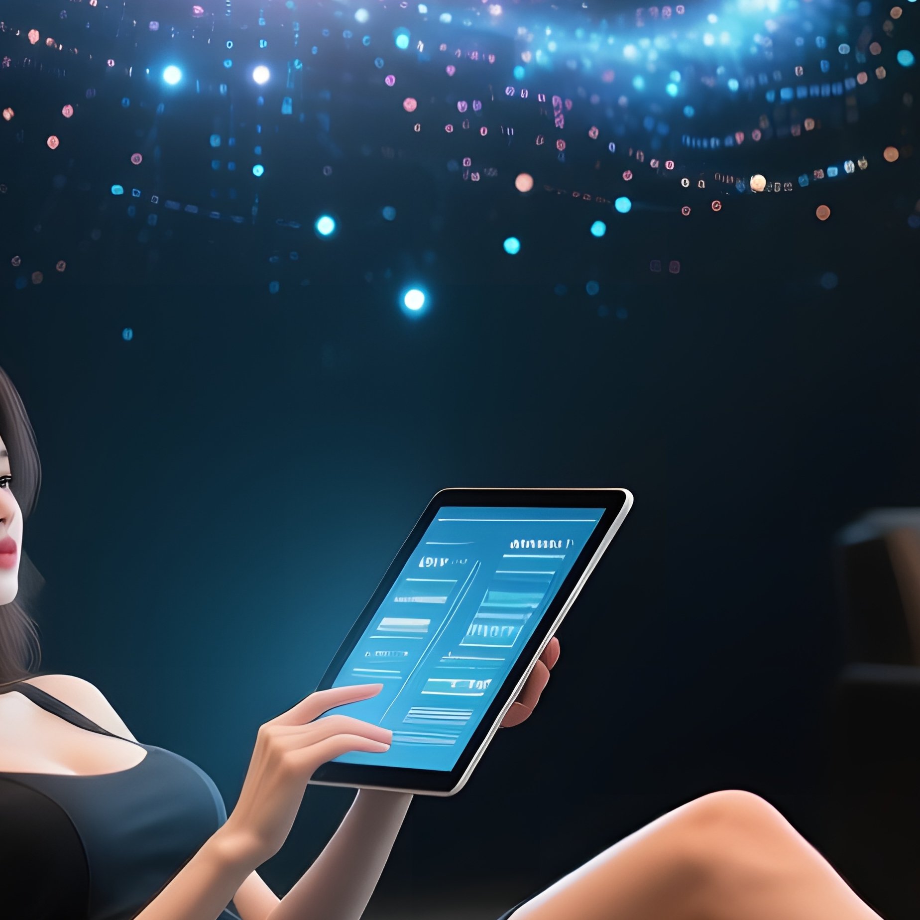 In An Upscale Office Lounge, A Curvy Pop‑Up Girl Reclines On A Leather Chaise, A Tablet Projecting - Full Resolution Quality Preview