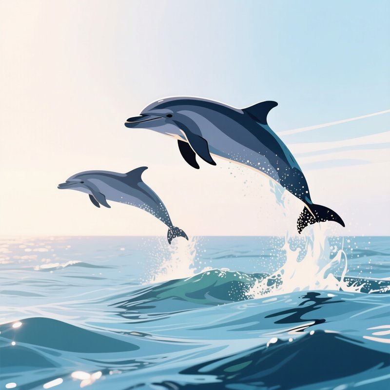 In The Cool Light Of Early Morning, Dolphins Leap From The Ocean, Their Forms And The Surrounding
