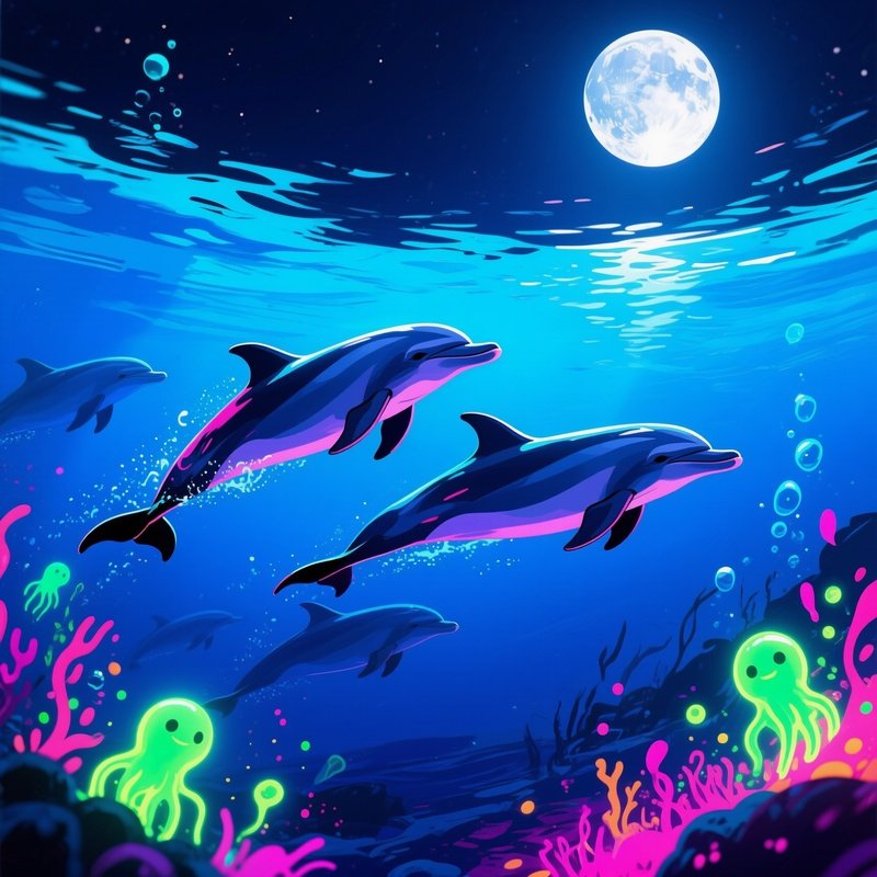 In The Deep Blue Of A Moonlit Night, Dolphins Swim Gracefully Under The Ocean'S Surface, Their