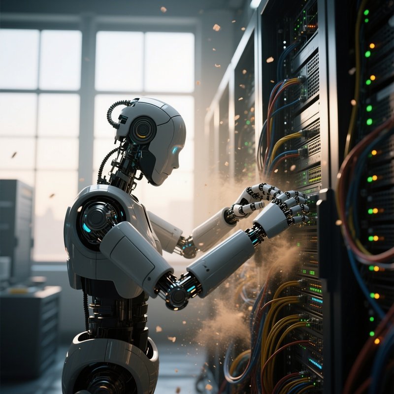 In The Early Morning Light Filtering Through High Windows, A Humanoid Robot With Advanced