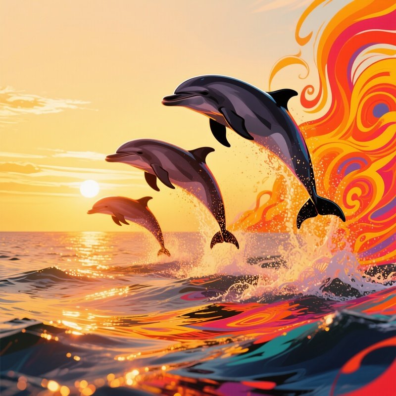 In The Golden Light Of Early Evening, Dolphins Leap From The Ocean, Their Forms And The Surrounding