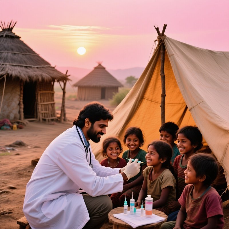 Indian Doctor Vaccinating Children At Sunrise