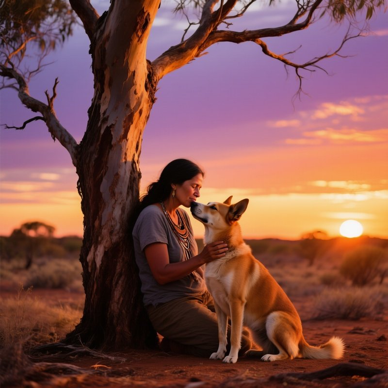 Indigenous Australian Woman Kissing Dingo Like Dog At Sunset