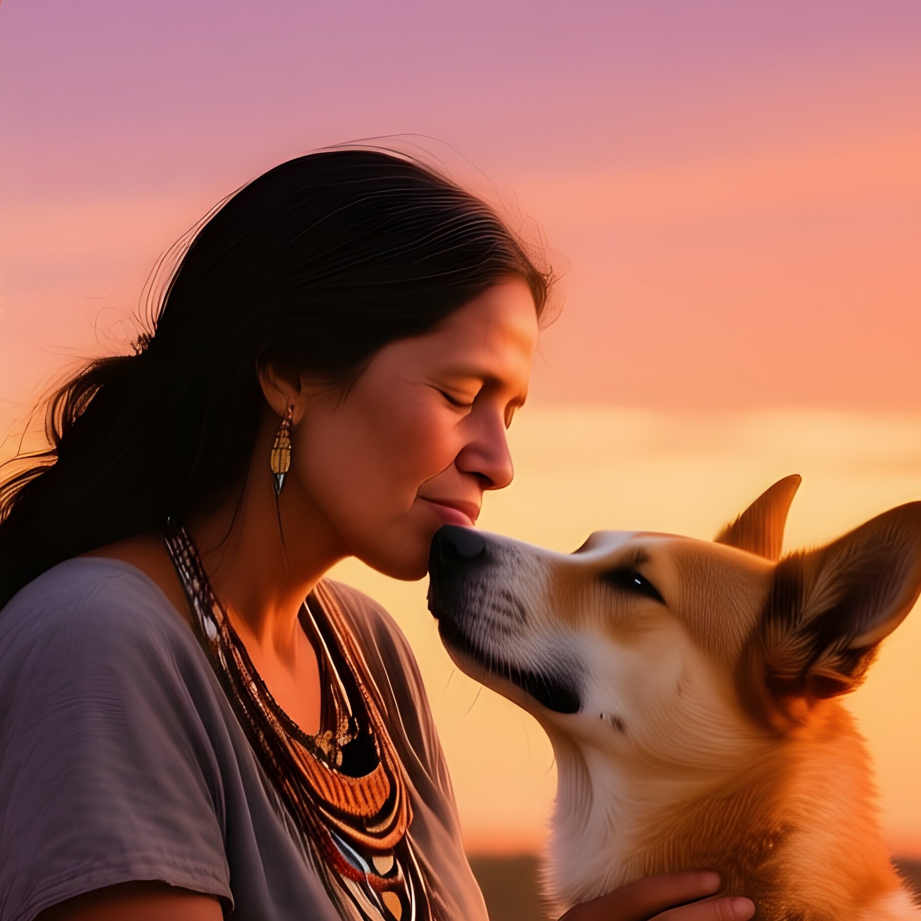Indigenous Australian Woman Kissing Dingo Like Dog At Sunset - Full Resolution Quality Preview