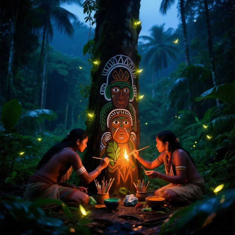 Indigenous Painters Tropical Rainforest Clearing Twilight