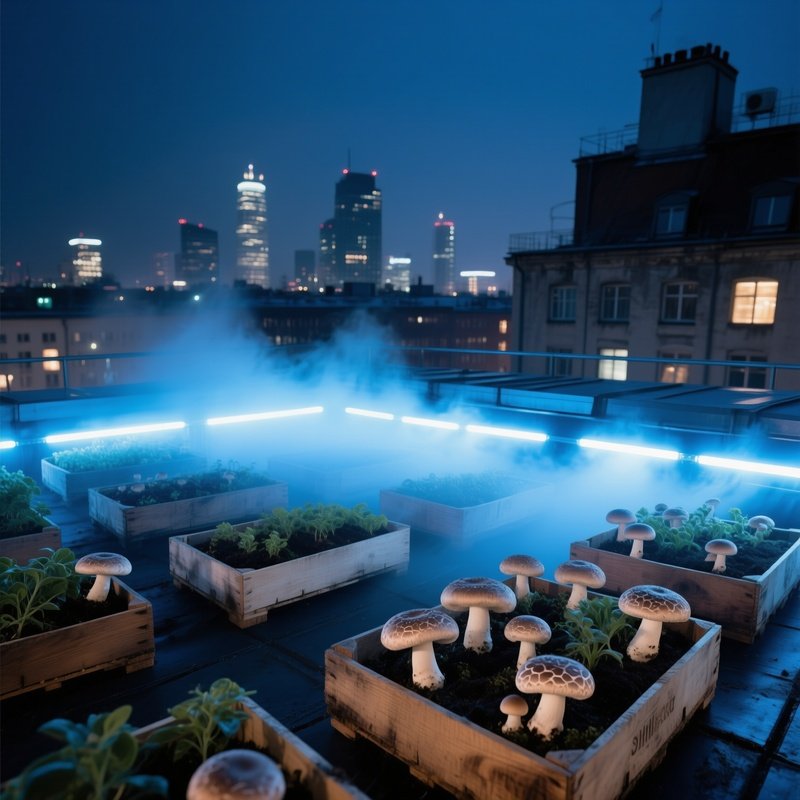Industrial Berlin Rooftop Garden Night Shiitake Mushrooms