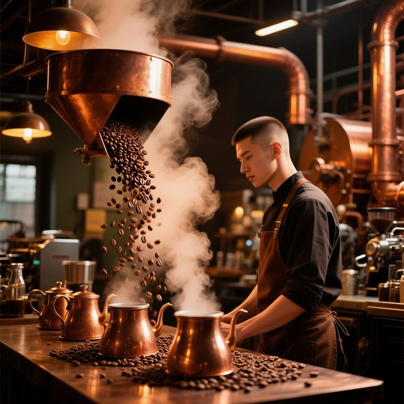 Industrial Coffee Roastery With Copper Kettles Steaming Barista Receives Clean Crew Cut Espresso