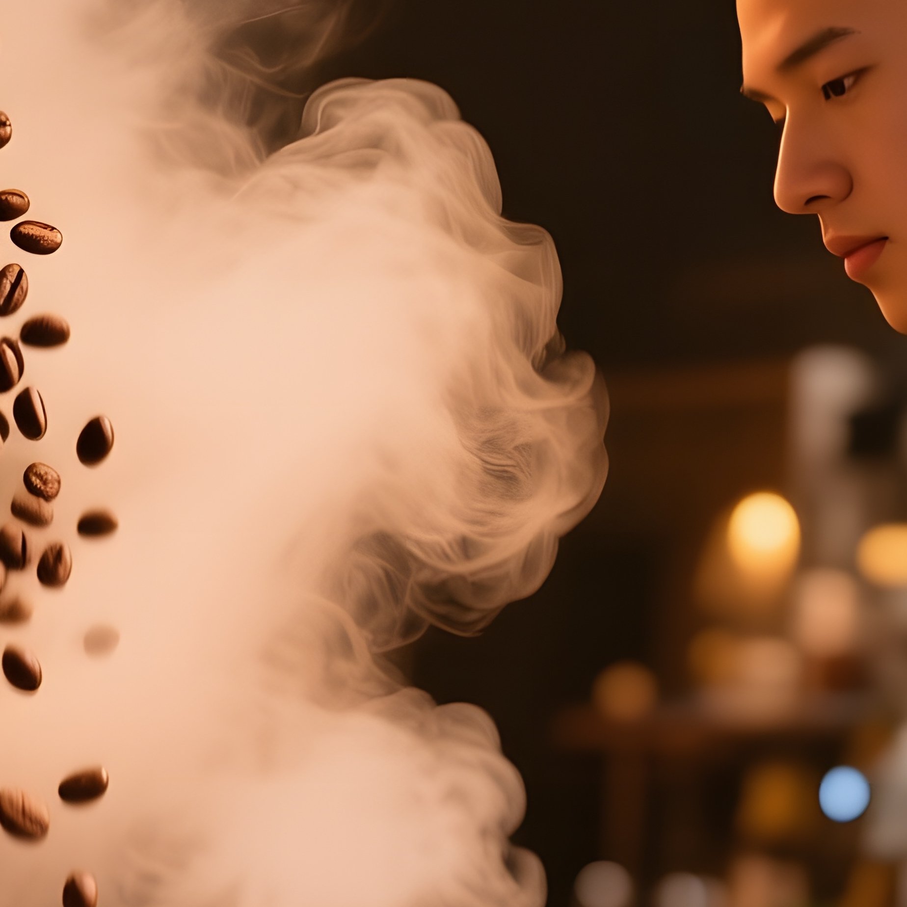 Industrial Coffee Roastery With Copper Kettles Steaming Barista Receives Clean Crew Cut Espresso - Full Resolution Quality Preview