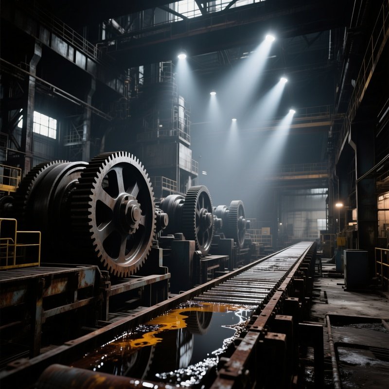 Industrial Factory Interior With Spotlights And Oil Slicks