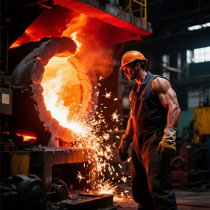 Industrial Furnace With Muscular Worker And Sparks