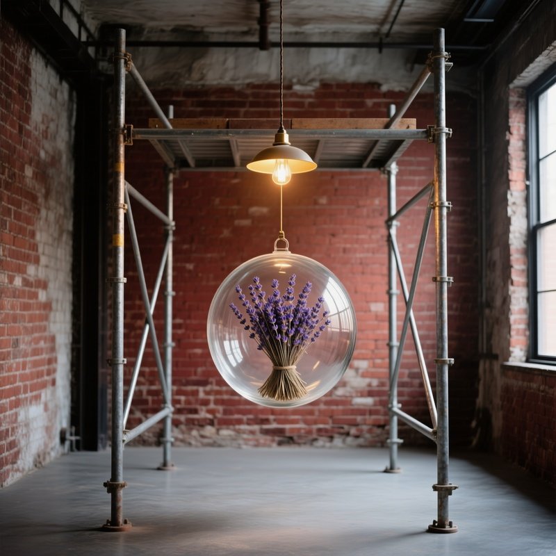 Industrial Loft Altar With Glass Orb And Lavender