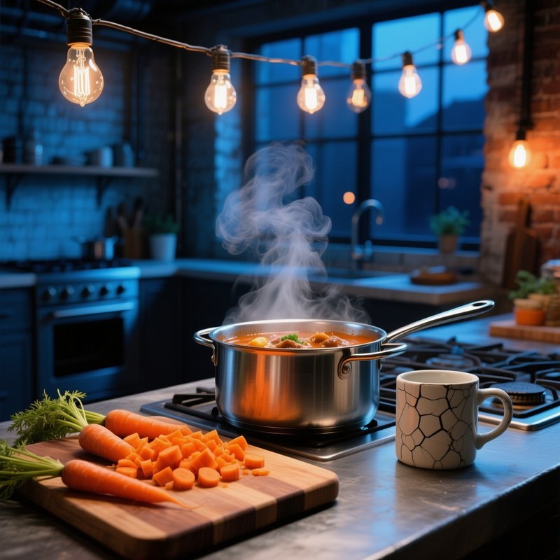 Industrial Loft Kitchen At Night