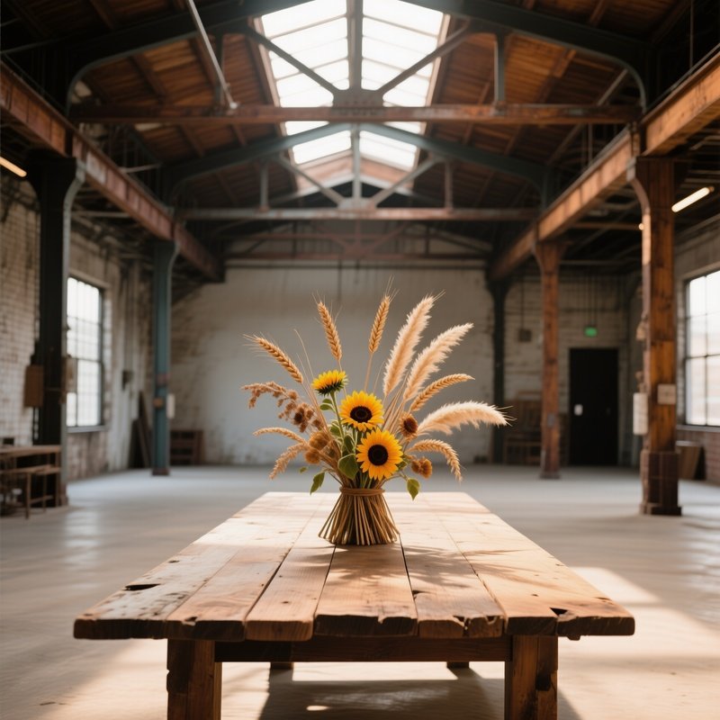 Industrial Loft With Reclaimed Wood Table And Dried Floral Arrangement