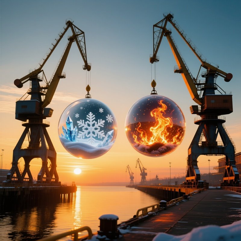 Industrial Pier Sunset Crane Spheres Snow Fire