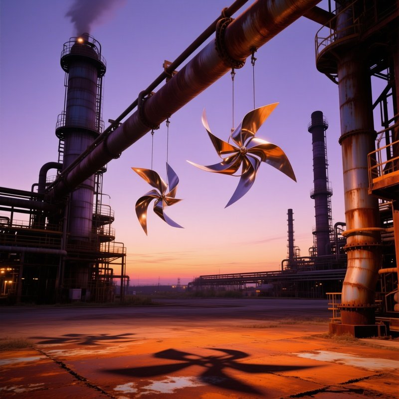Industrial Refinery At Dusk With Wind Sculptures