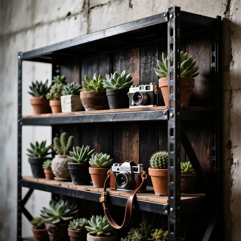 Industrial Shelving With Succulents And Cameras