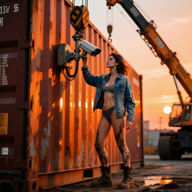 Industrial Shipyard At Dusk With Rugged Model Adjusting Surveillance Cam