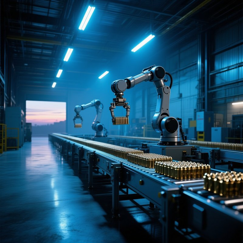 Industrial Warehouse At Twilight Conveyor Belts Metallic Cartridges