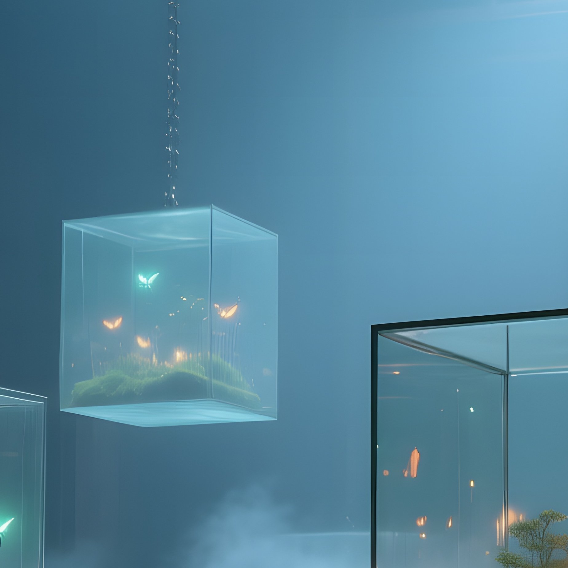 Industrial Warehouse With Floating Glass Cubes - Full Resolution Quality Preview