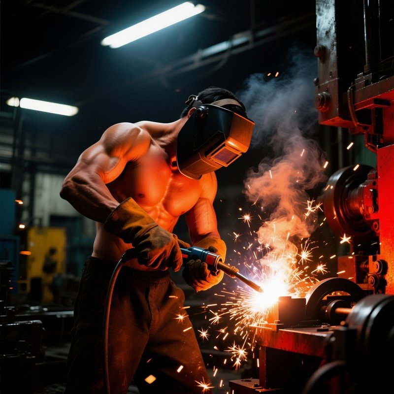 Industrial Welding Station With Muscular Worker