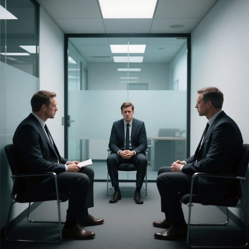 Interview: A Nervous Candidate Sitting Across From Two Stern Interviewers In A Small, Glass Walled Office Room.