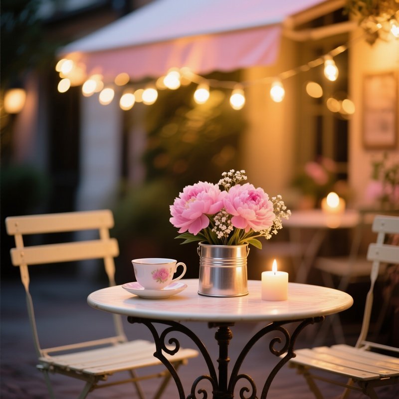 Intimate Bistro Patio At Dusk String Lights Overhead