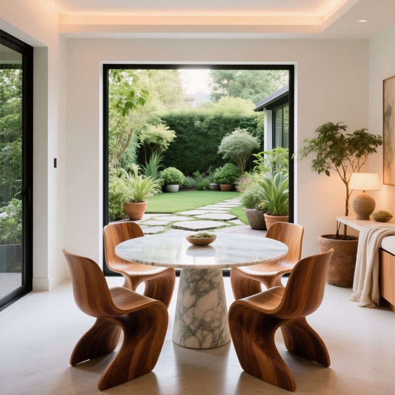 Intimate Dining Corner Marble Table Wooden Chairs Garden Terrace