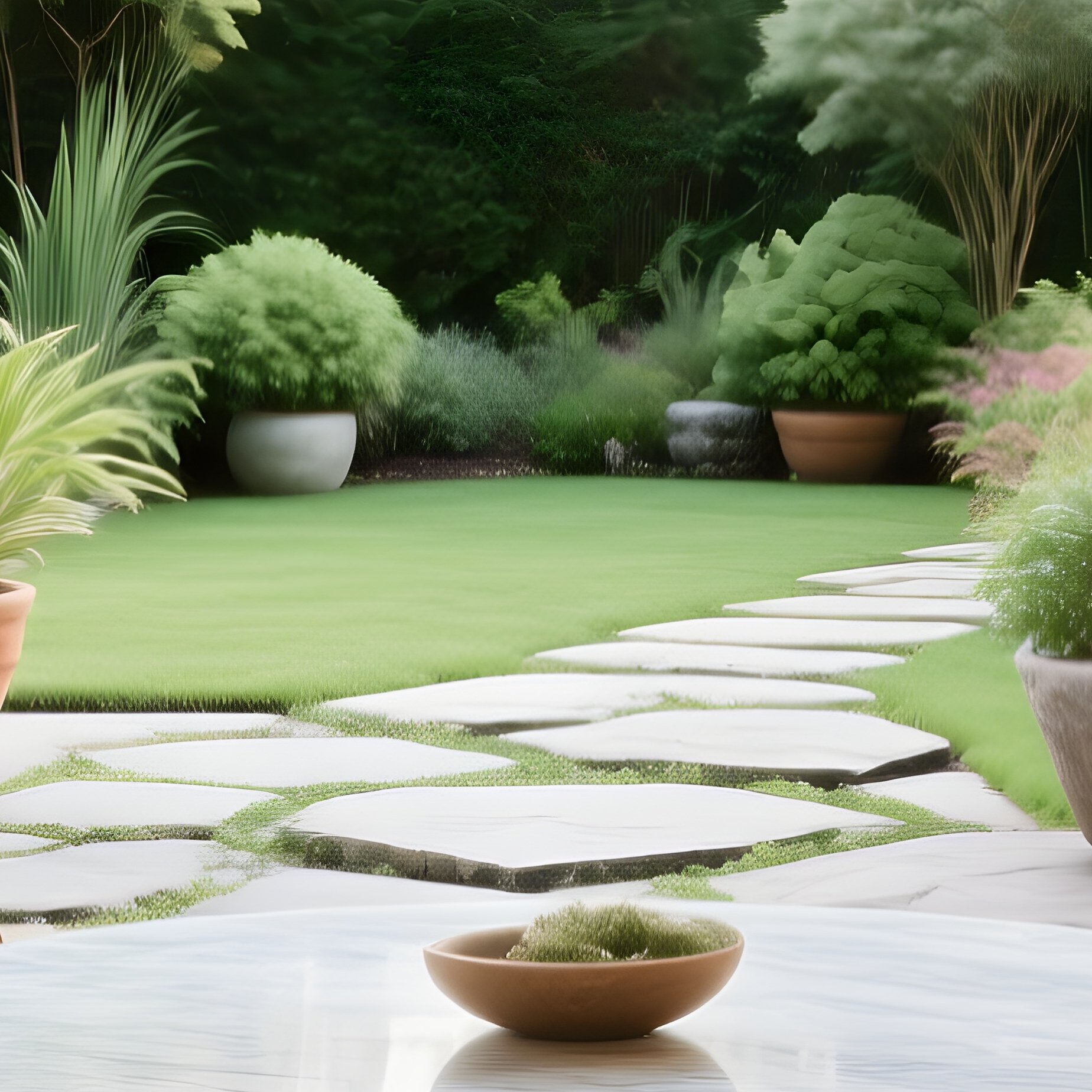 Intimate Dining Corner Marble Table Wooden Chairs Garden Terrace - Full Resolution Quality Preview