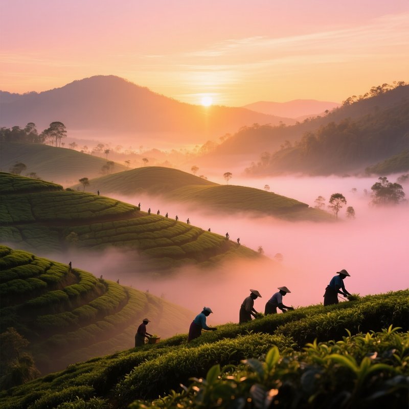Intimate Sunrise Over Terraced Tea Plantation Sri Lanka